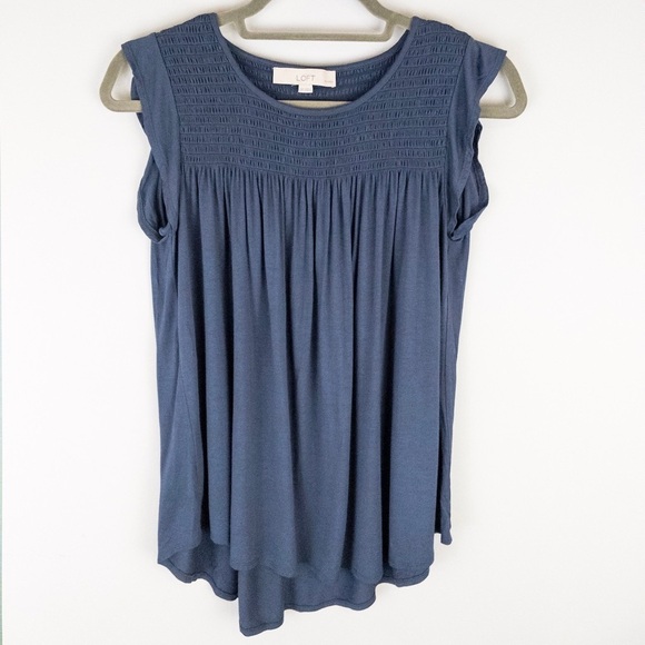 Loft Womens Smocked Tunic Top Size S Petite Flutter Sleeve Blue Summer Boho - Picture 2 of 7
